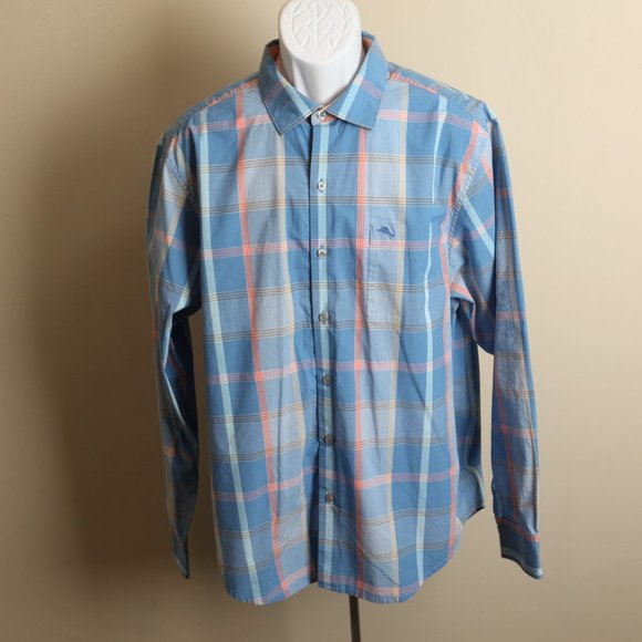 Tommy Bahama Men's blue, orange and khaki plaid Islandzone long sleeve shirt L - Picture 2 of 6